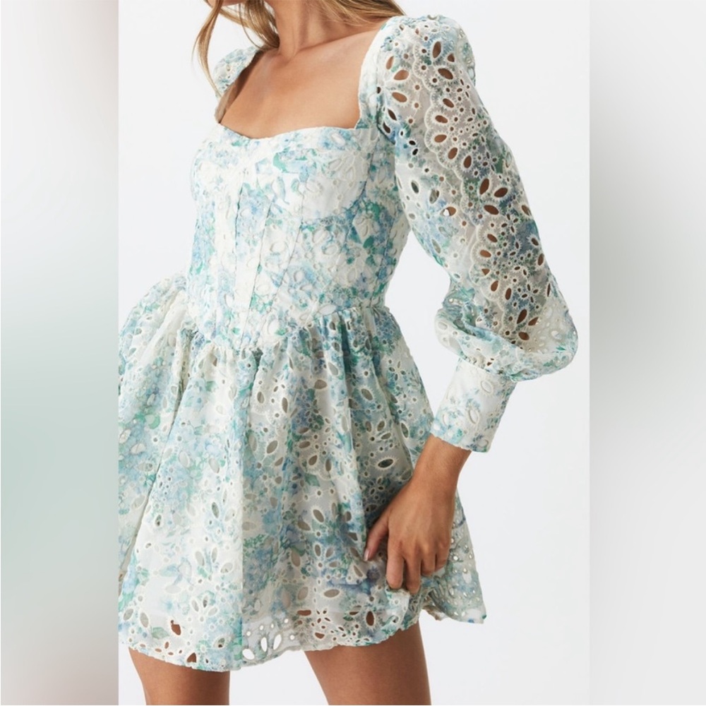 NWT Bardot Lila Blue/Green/White Flounce Eyelet Babydoll Dress
